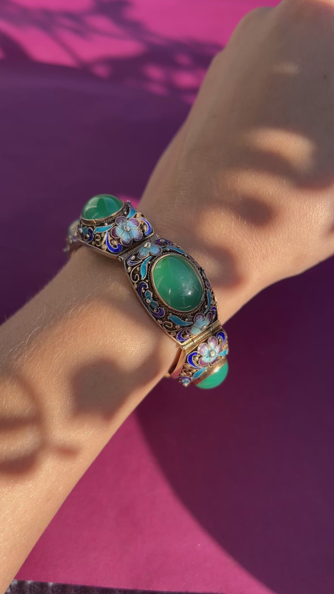 Vintage Chinese Export Silver Bracelet With Chrysoprase And Floral Enamel in Gilded Silver