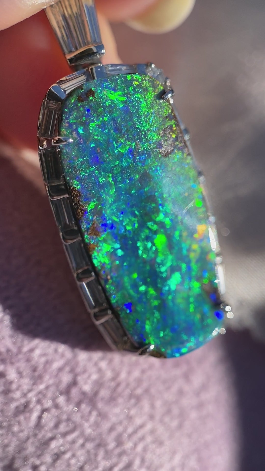 Masterpiece Natural Boulder Australian Opal Pendant in Platinum With Diamond Accents