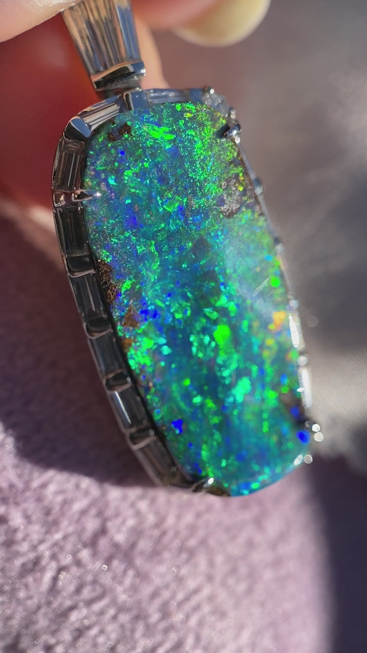 Masterpiece Natural Boulder Australian Opal Pendant in Platinum With Diamond Accents