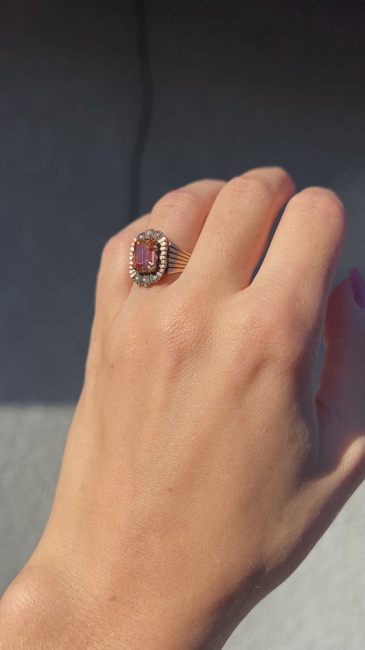 Victorian Sunrise Topaz and Seed Pearl Ring in 10k Rose Gold