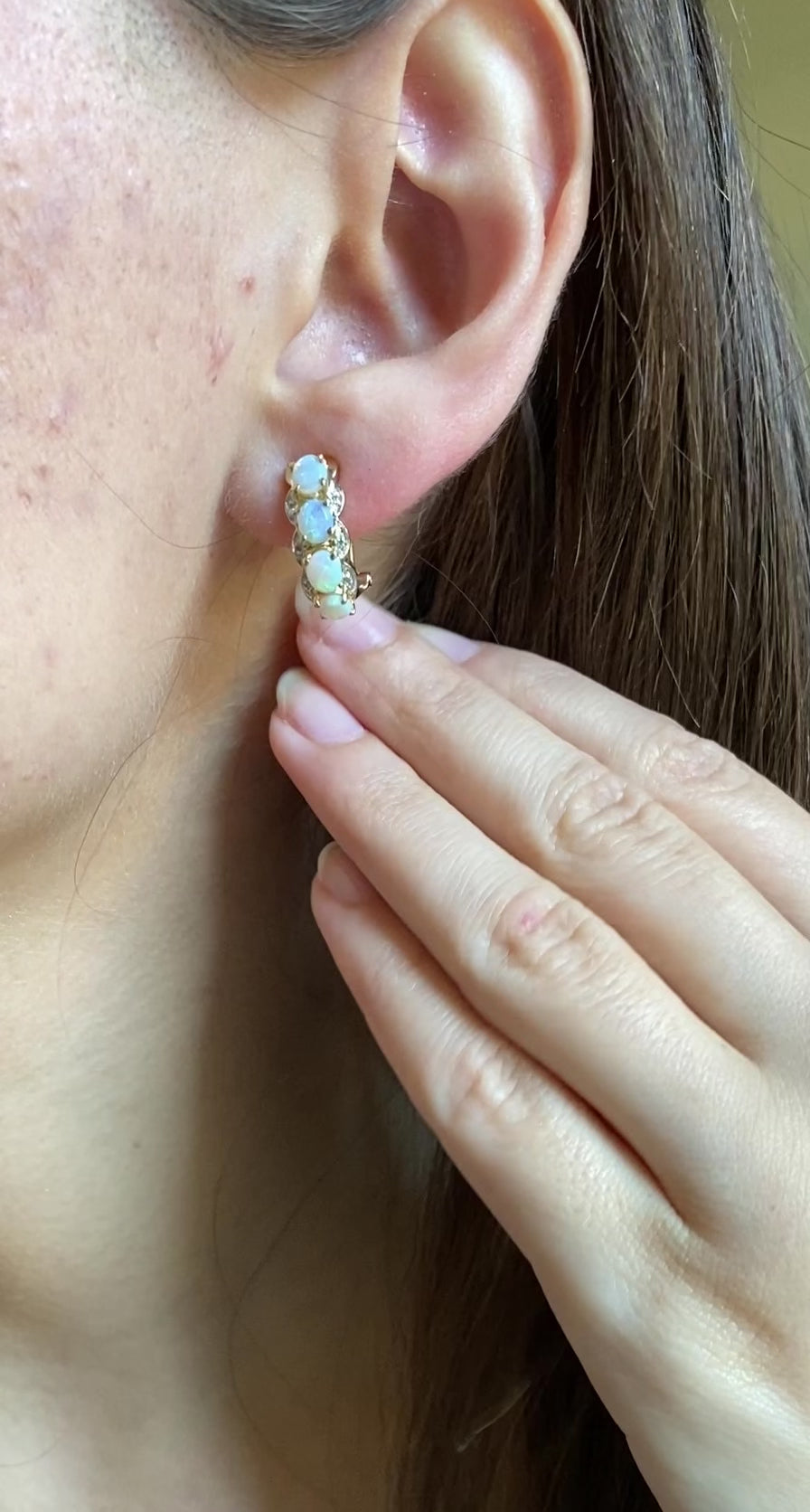 Iridescent Natural Opal and Diamond Huggies in 14k Yellow Gold