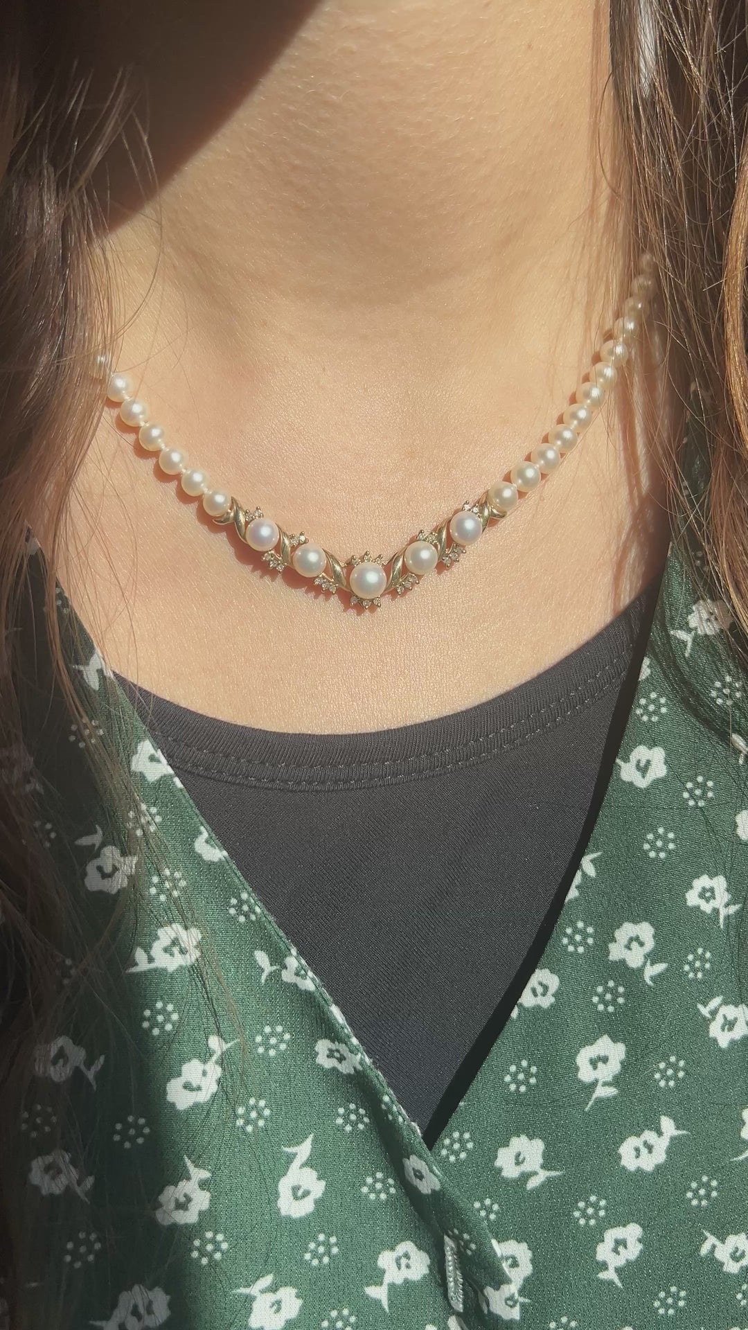 Star Of The Sea Vintage Cultured Pearl and Diamond Necklace in 10k Yellow Gold 17.5"