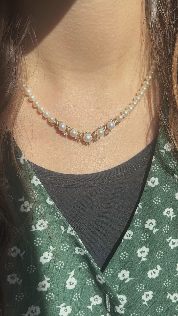 Star Of The Sea Vintage Cultured Pearl and Diamond Necklace in 10k Yellow Gold 17.5"