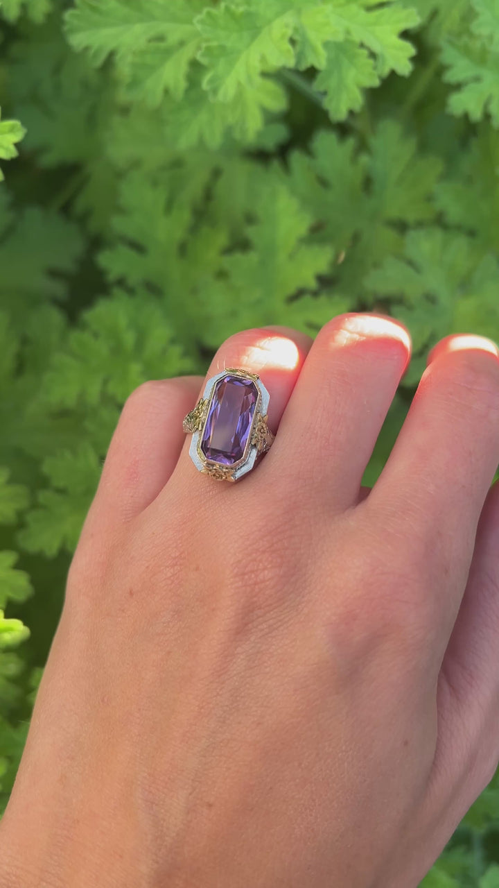 Vintage Floral Lavender Glass Ring in 14k Gold