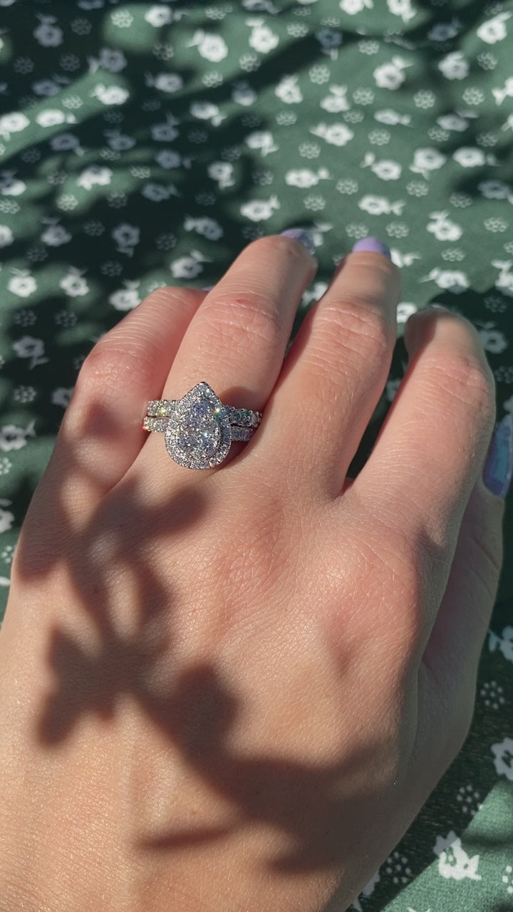 Modern Pear Natural Diamond Wedding Ring Set in 10k White Gold  1.65TCW