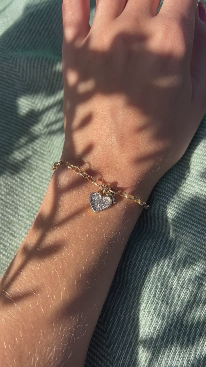 Vintage Padlock Diamond Heart Link Chain Bracelet In Solid 10k Yellow Gold 6.5"