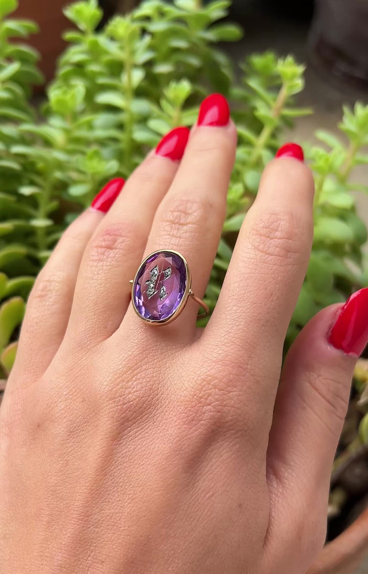 Antique Victorian Amethyst R Ring With Rose Cut Diamonds 14k Yellow Gold