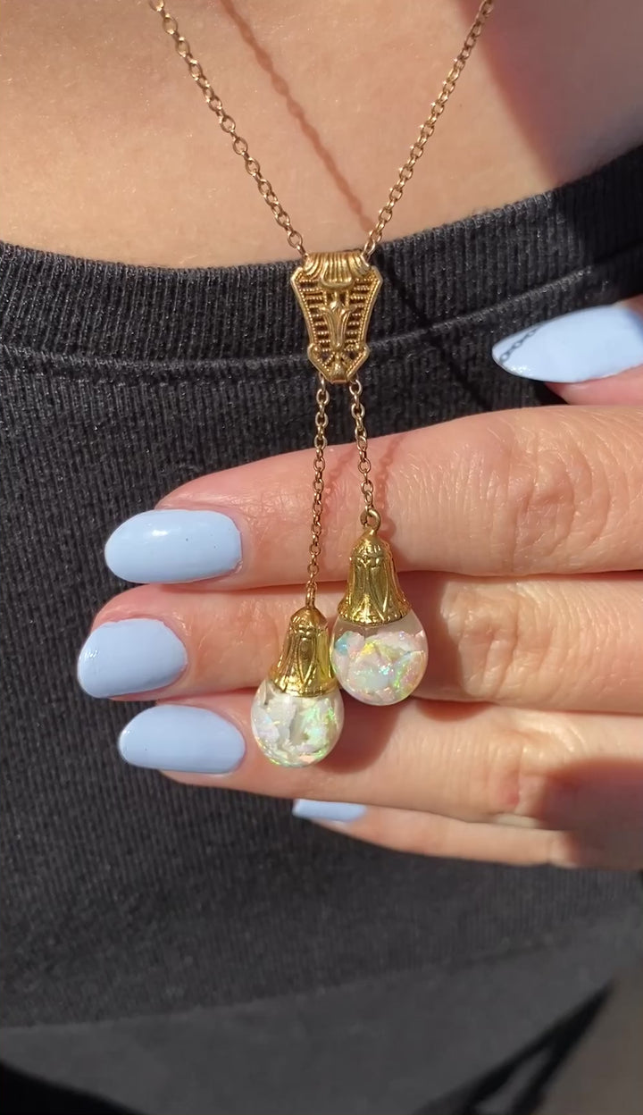 Art Deco Floating Opal Necklace 14k Warm Yellow Gold 16.25”