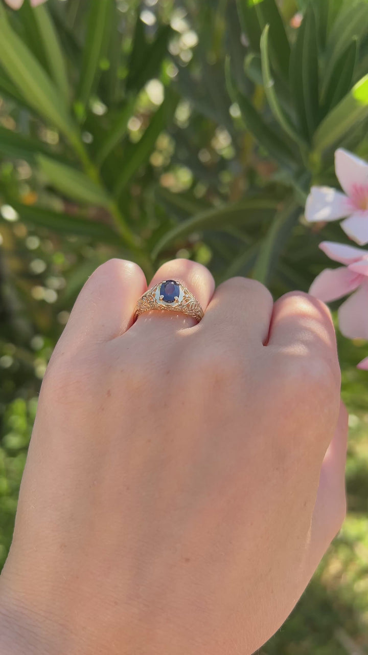 Golden Filigree Sapphire Ring in 14k Yellow Gold
