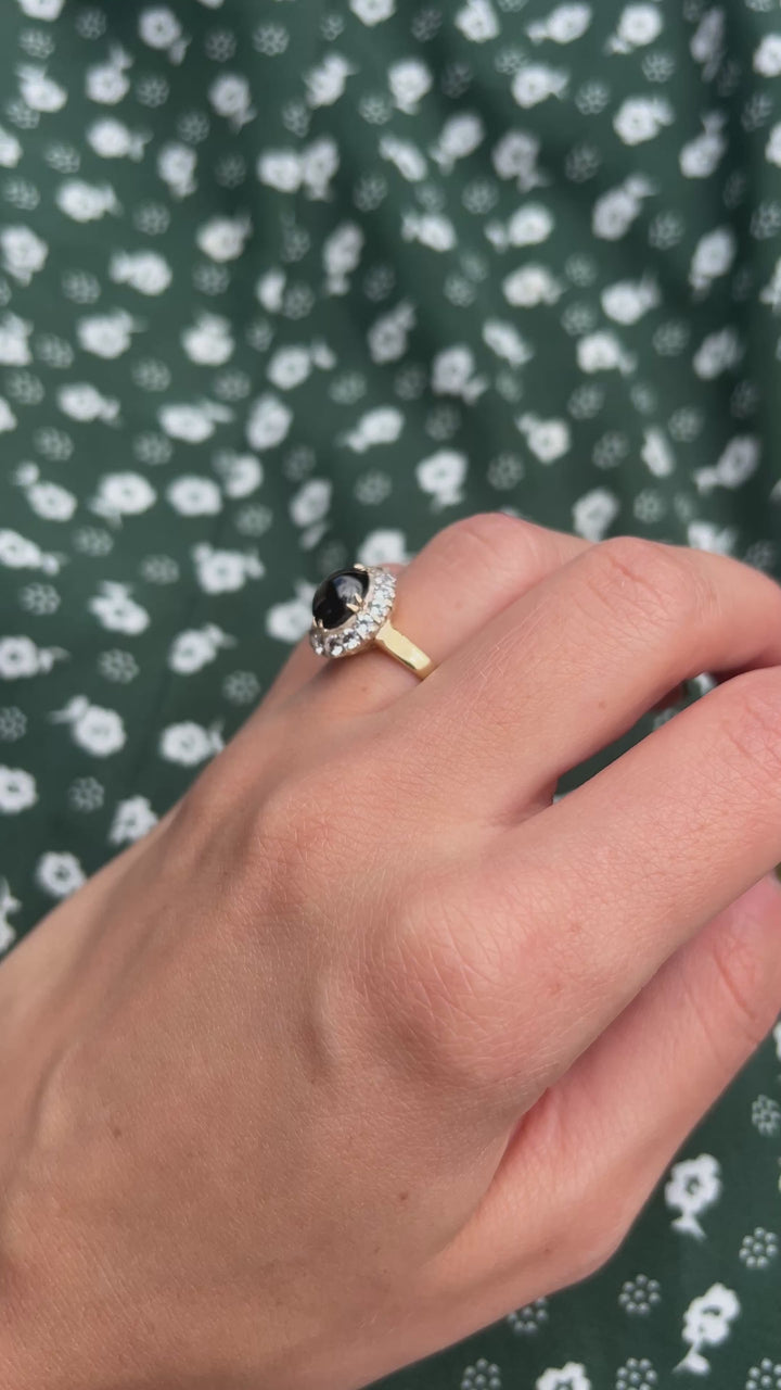 Natural Black Star Sapphire and Clear Topaz Ring in 14k Yellow and White Gold