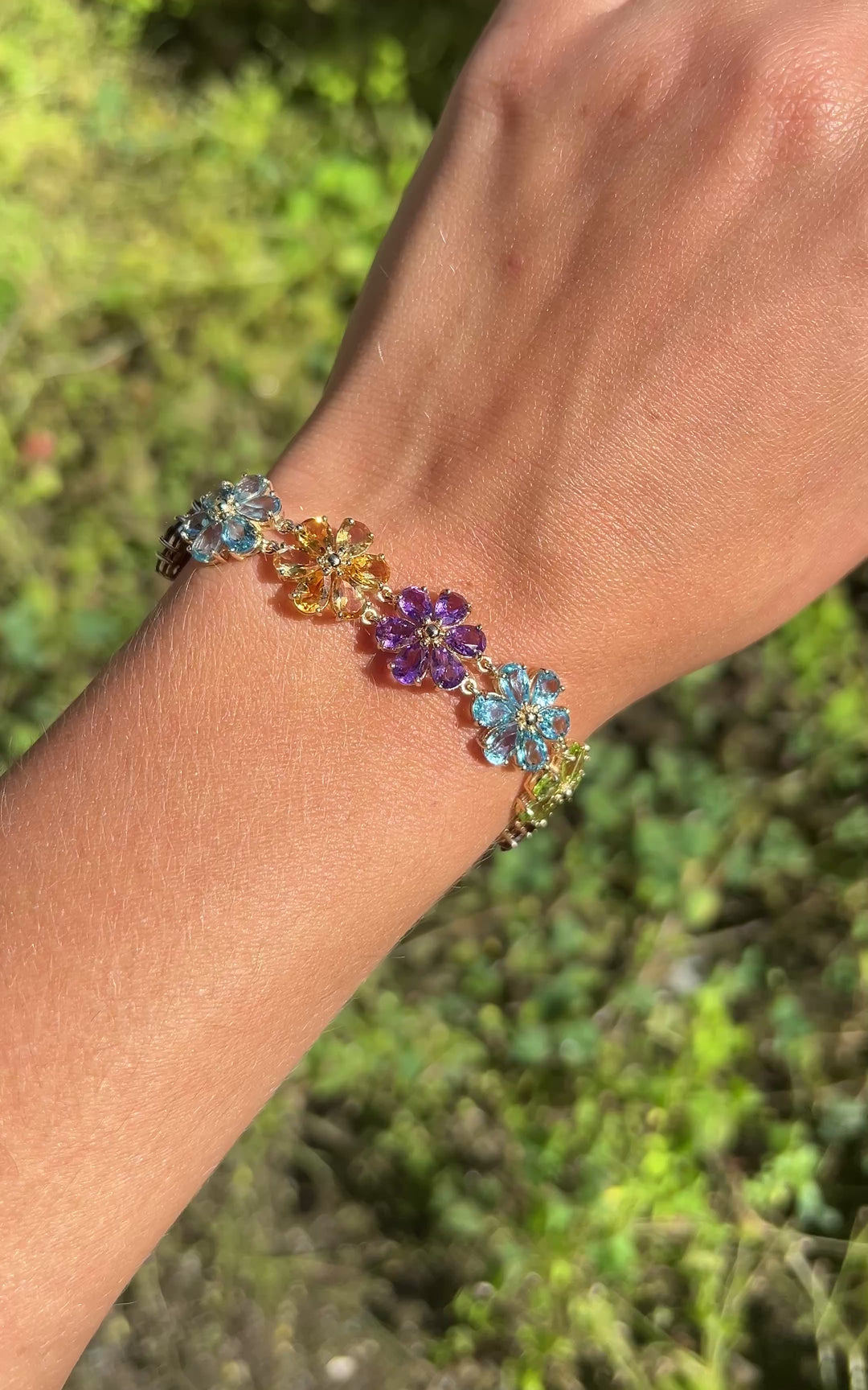 Colorful Daisy Bracelet With Peridot, Topaz, Citrine, Garnet and Amethyst in 10k Yellow Gold
