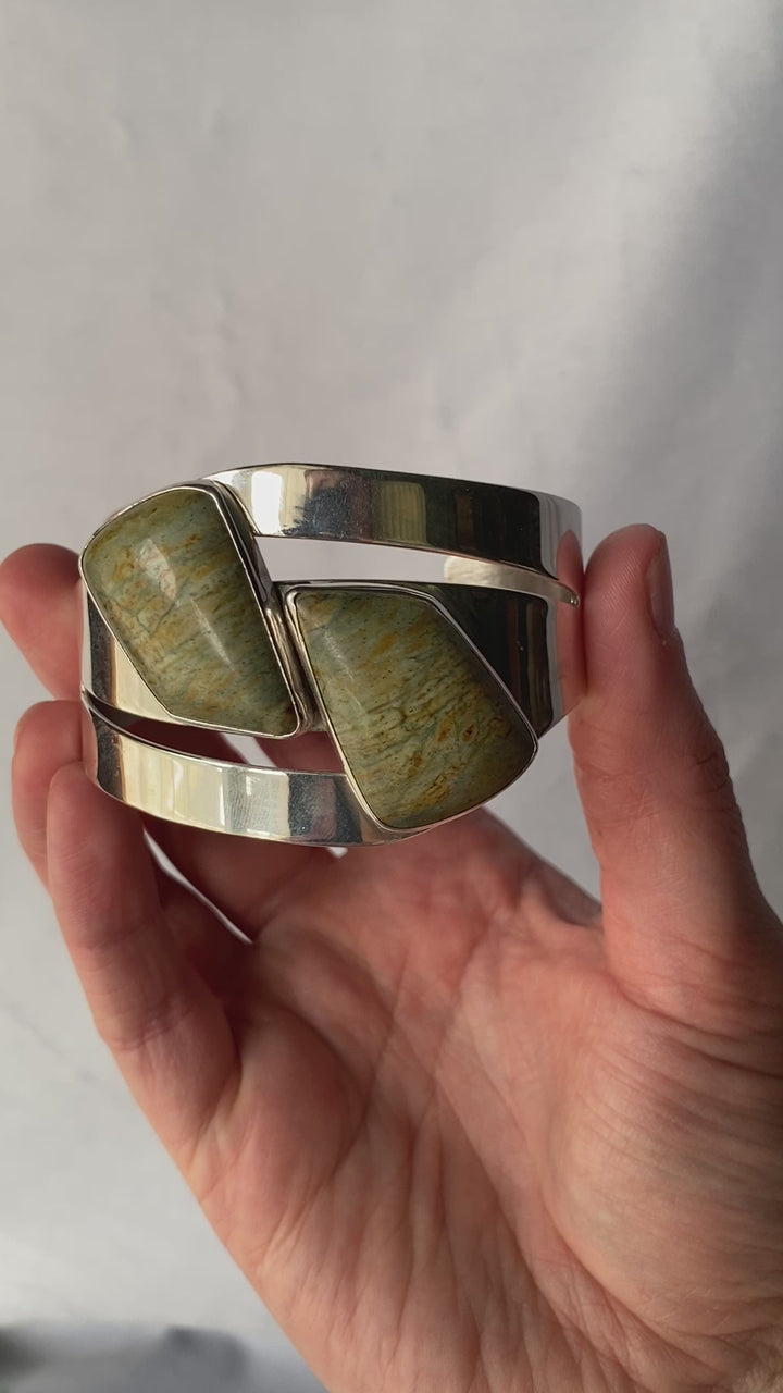 Vintage Green Jasper Bangle Bracelet in Sterling Silver