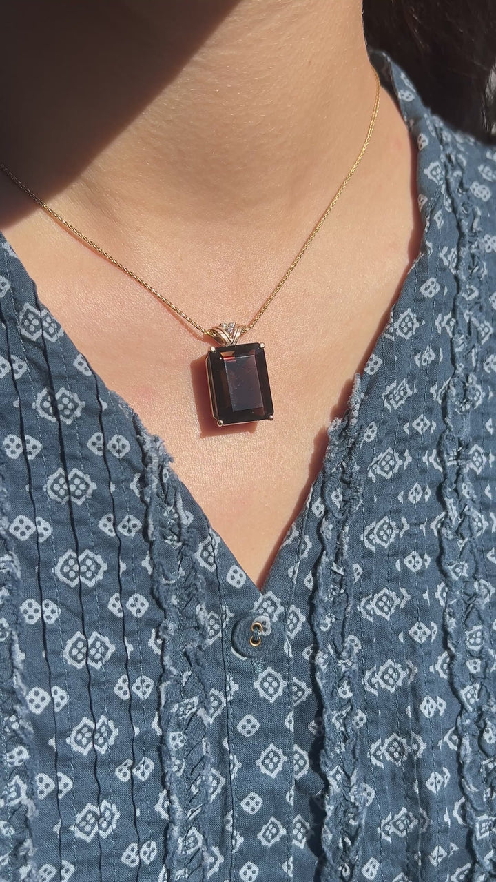 27 Carat Smokey Brown Topaz Pendant with Diamond Accents in 14k Yellow Gold