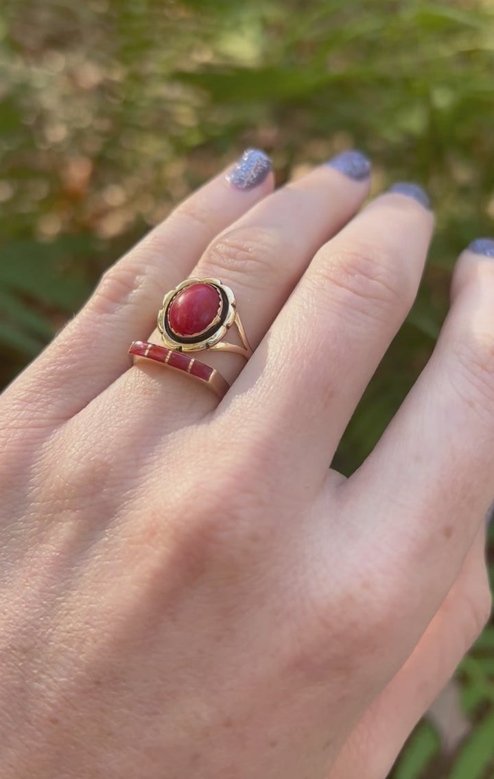 Signed Ed Kee Coral Navajo Ring in 14k Yellow Gold