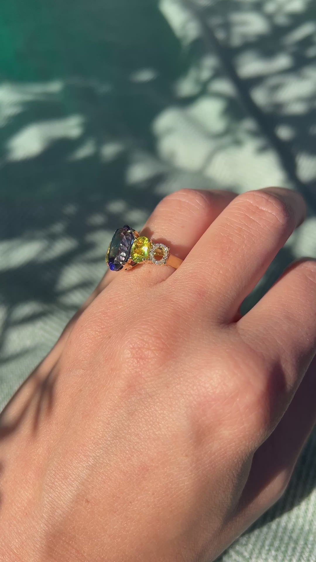 Vivid Violet Blue Tanzanite, Tourmaline And Diamond Ring in 18k Yellow Gold 6.33tcw