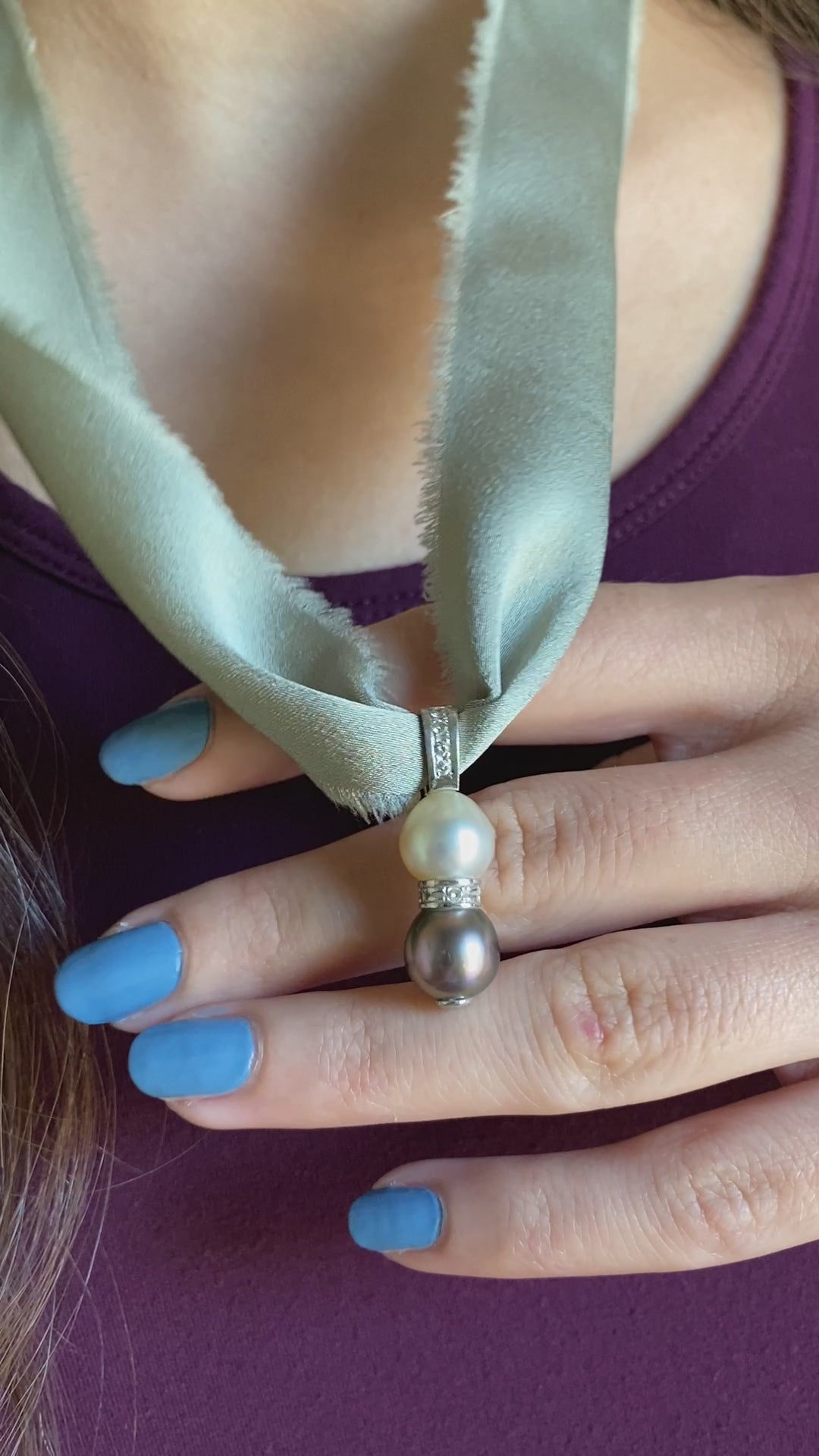 Modern Black And White Pearl Pendant with Diamonds in 14k White Gold