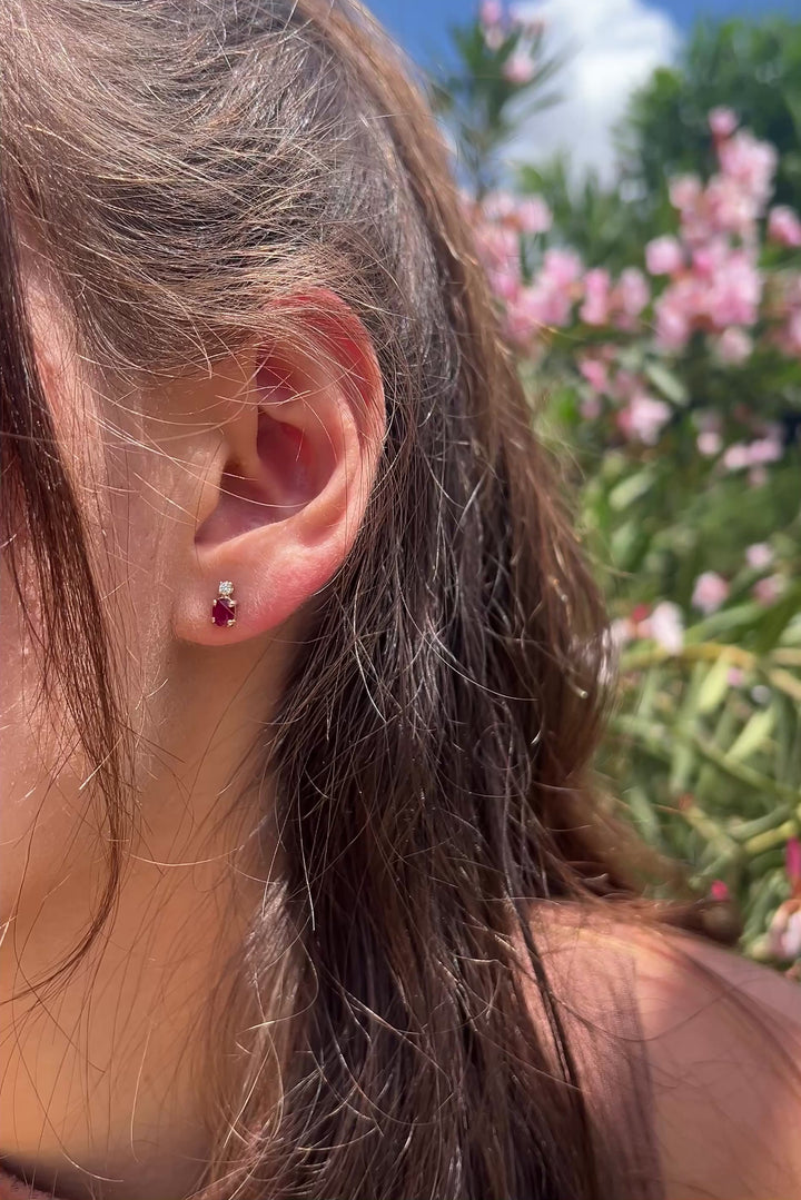 Petal Pink Ruby And Diamond Studs in 14k Yellow Gold