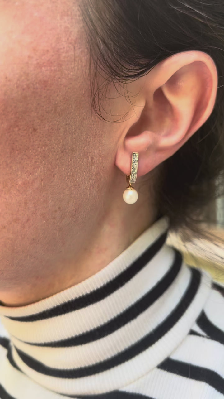 Timeless Diamond Hoops with Pearl Dangle Accent in 14k Yellow Gold