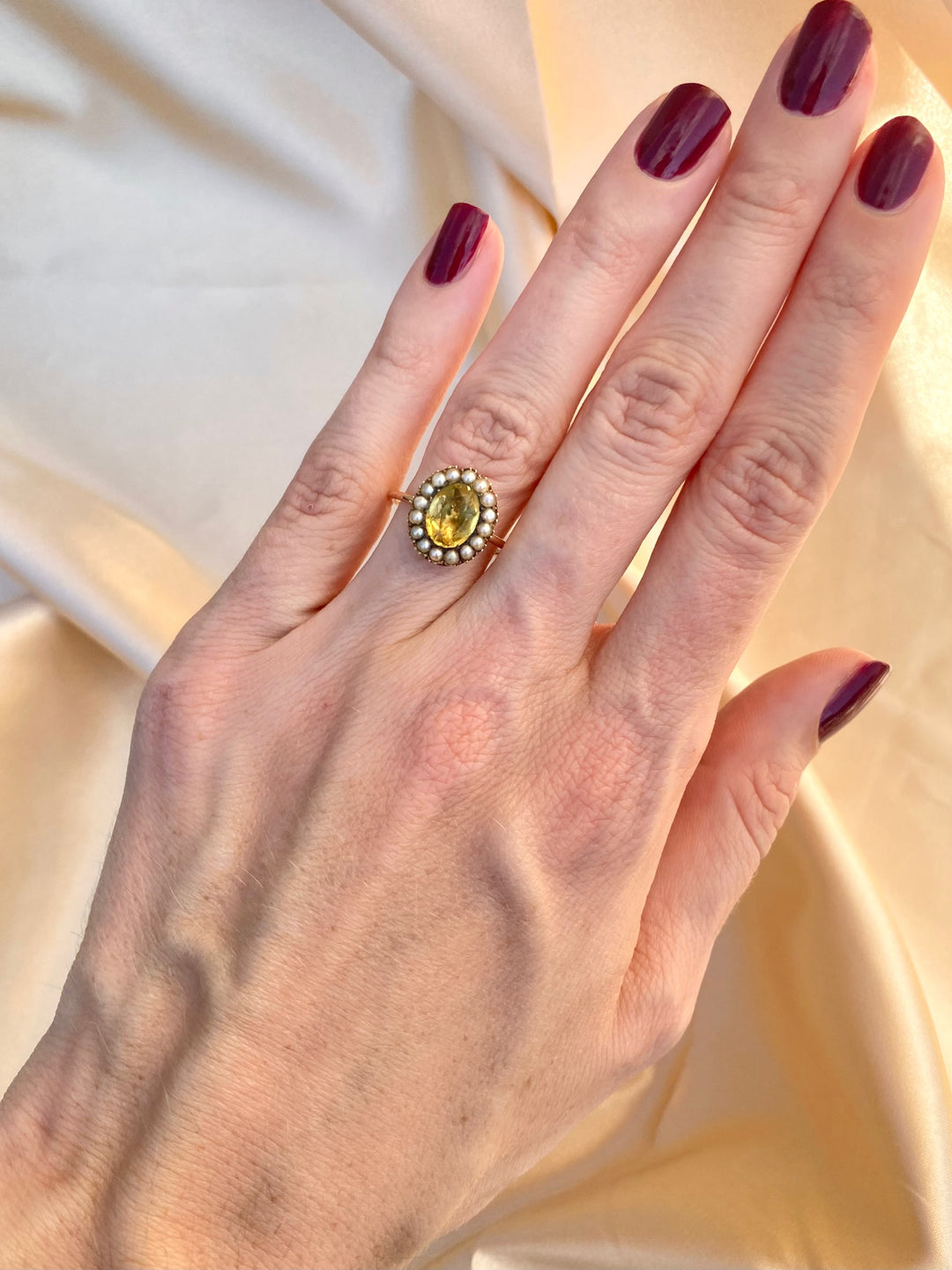 Early Victorian Yellow Paste and Pearl Halo Ring