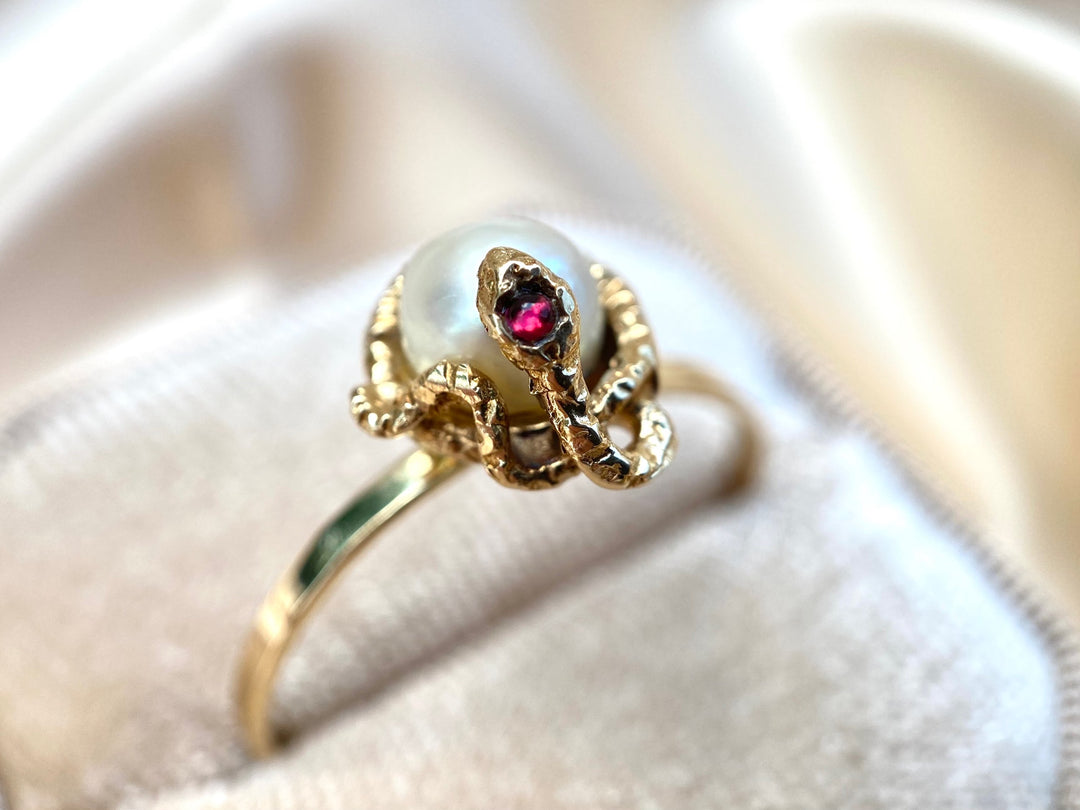 Vintage Snake & Creamy Pearl Ring in 14k Yellow Gold