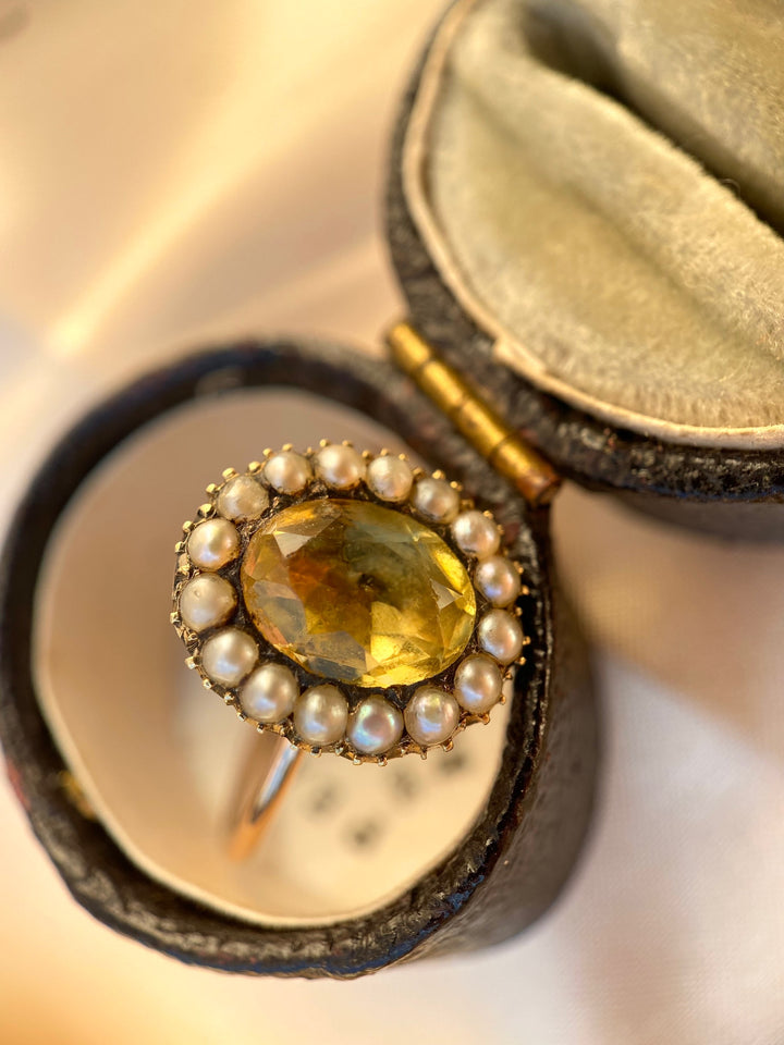 Early Victorian Yellow Paste and Pearl Halo Ring