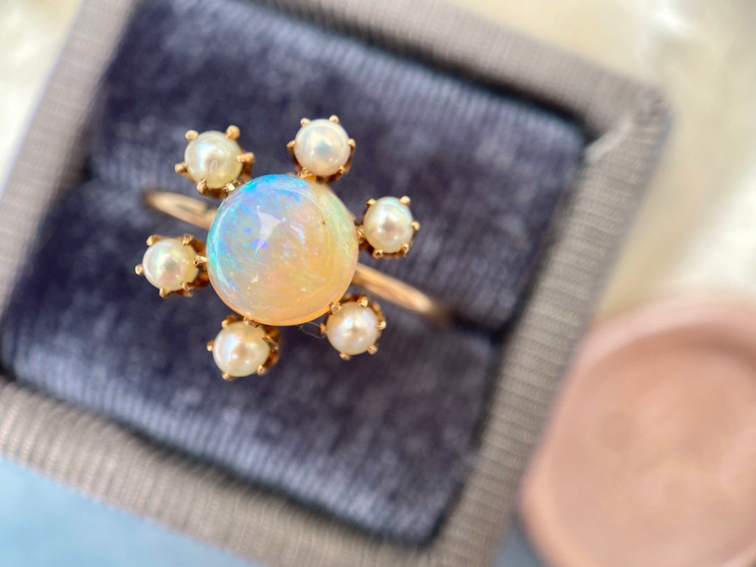 Victorian Opal and Pearl Ring in 14k Yellow Gold