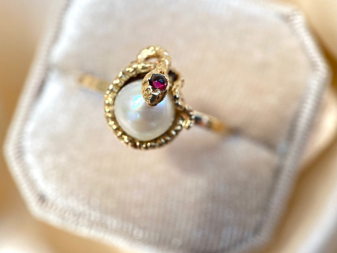 Vintage Snake & Creamy Pearl Ring in 14k Yellow Gold