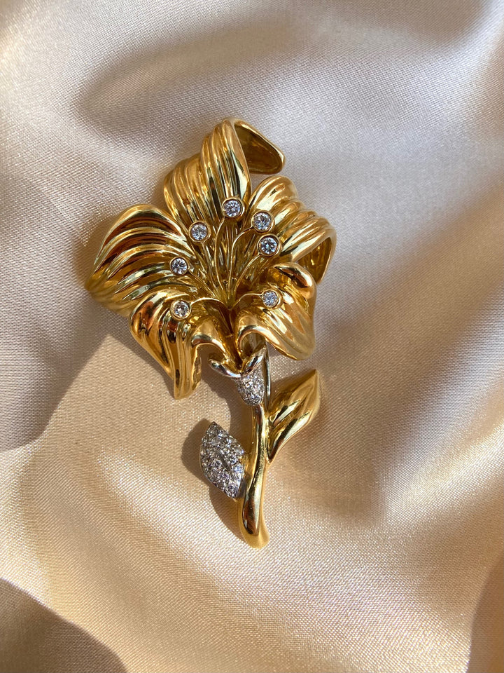 Vintage Garavelli Diamond Lily Brooch Pin in 18k Yellow Gold