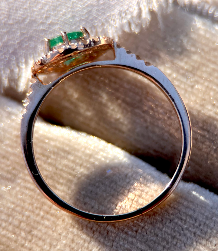 Emerald with Rose Cut Diamond Halo Ring in 14k Rose Gold