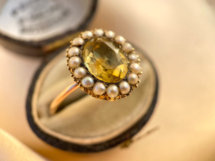 Early Victorian Yellow Paste and Pearl Halo Ring