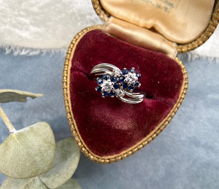 Diamond and Sapphire Bypass Ring in 14k White Gold