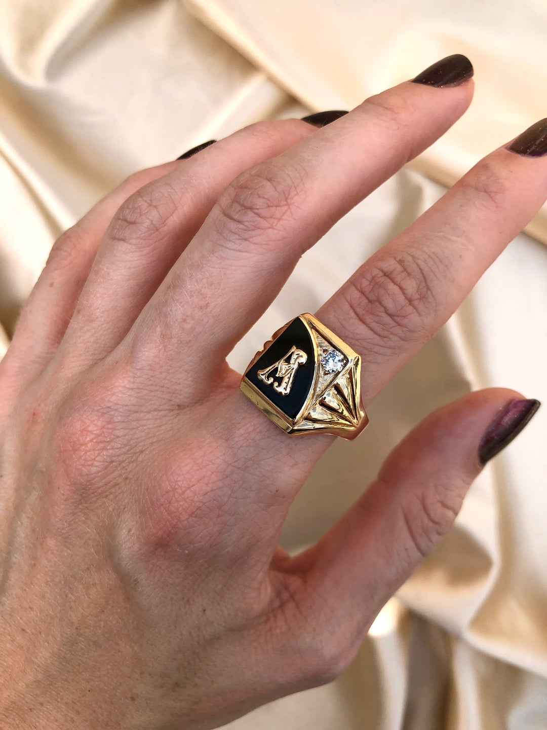 1950's Vintage "A" Signet Ring with Onyx in Solid Heavy Yellow Gold