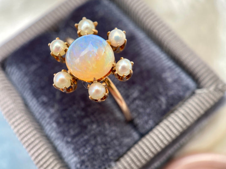 Victorian Opal and Pearl Ring in 14k Yellow Gold