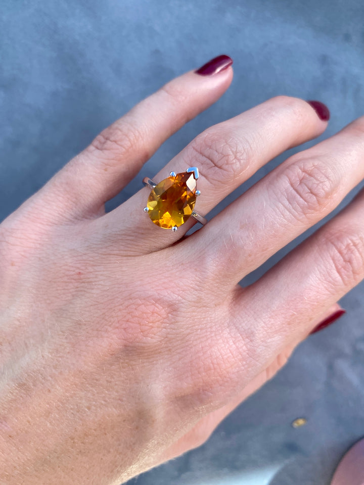 Over 4 Carat Pear Citrine Ring  in 14k White Gold