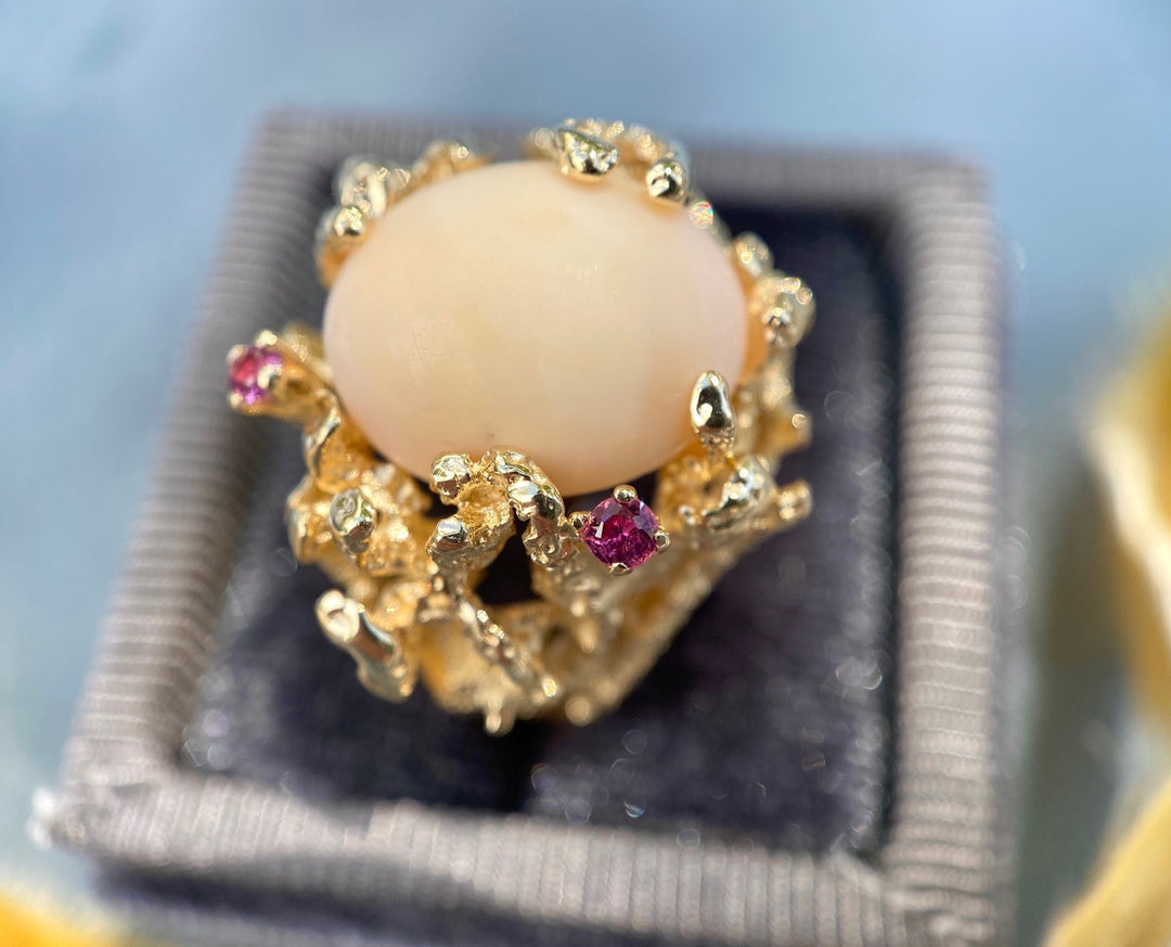 Vintage 1970's Angel Skin Coral & Ruby Statement Ring 14k Gold