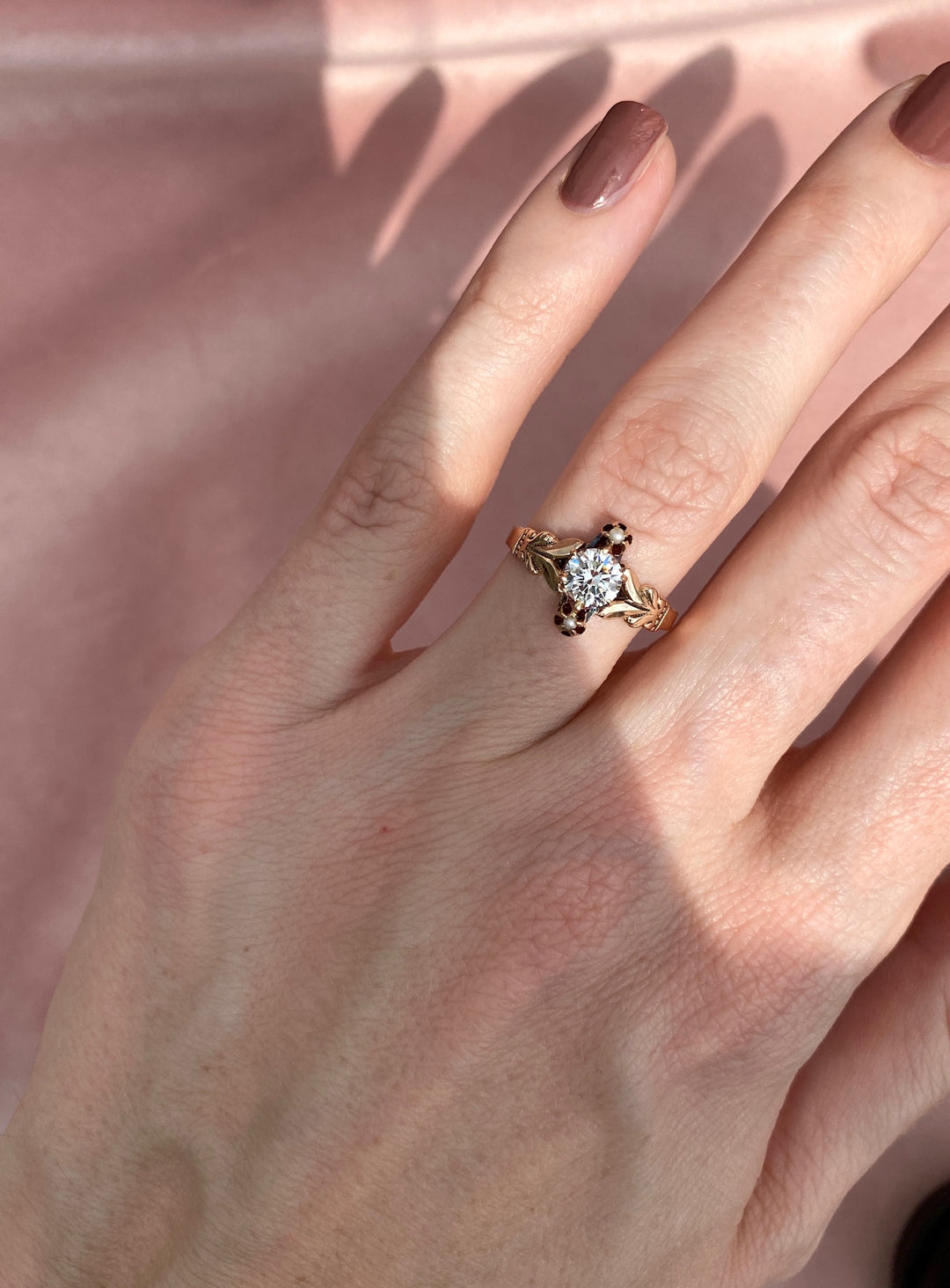 Unique Victorian Seed Pearl Ring with Over 1/2 Carat Round Diamond