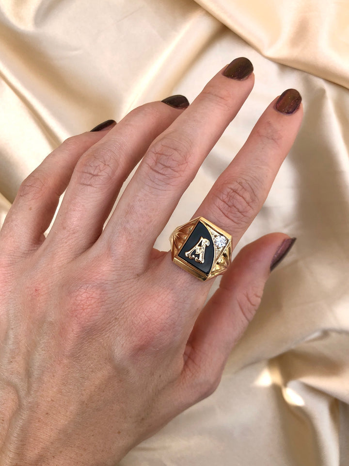 1950's Vintage "A" Signet Ring with Onyx in Solid Heavy Yellow Gold