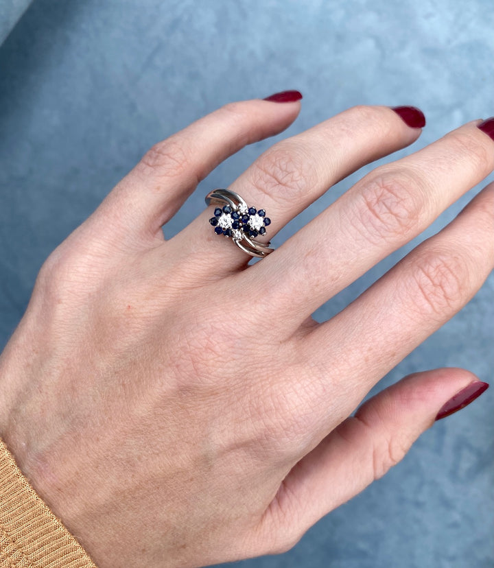 Diamond and Sapphire Bypass Ring in 14k White Gold