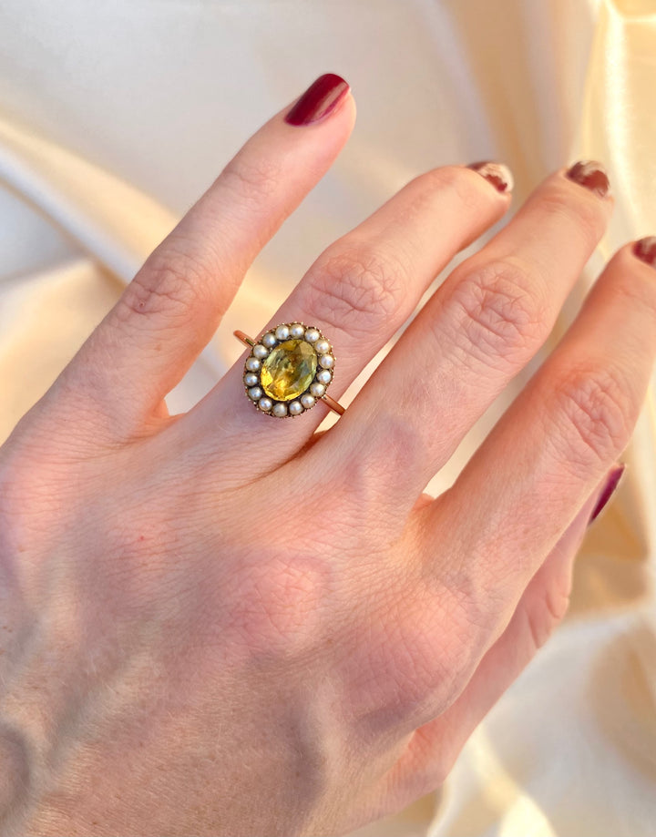 Early Victorian Yellow Paste and Pearl Halo Ring