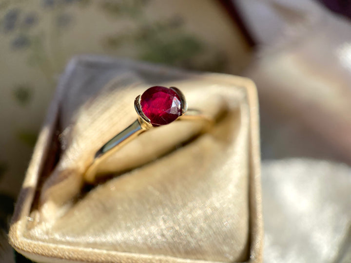 Semi-Bezel Minimalistic Set Ruby Solitaire Ring in 14k Gold