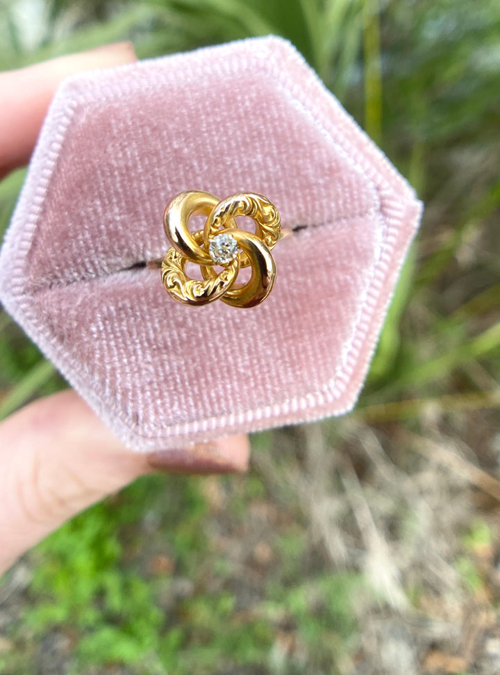 Antique Mine Cut Diamond Love Knot Ring in 14k Yellow Gold