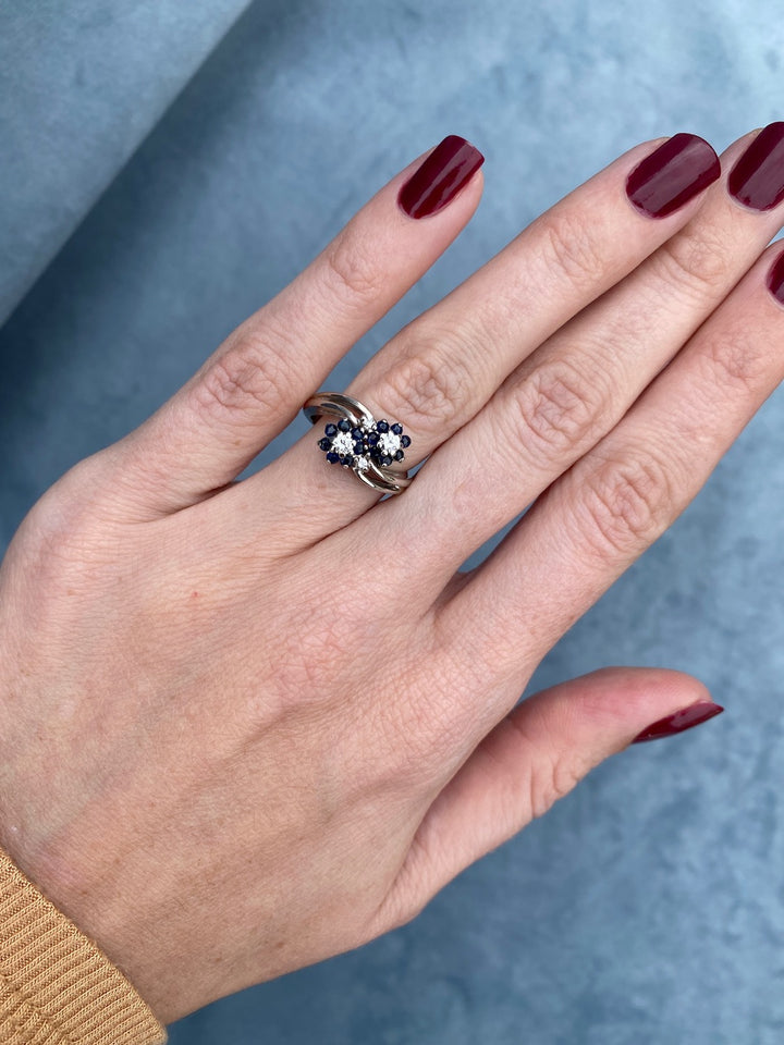 Diamond and Sapphire Bypass Ring in 14k White Gold
