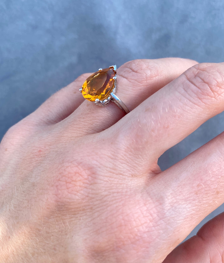 Over 4 Carat Pear Citrine Ring  in 14k White Gold