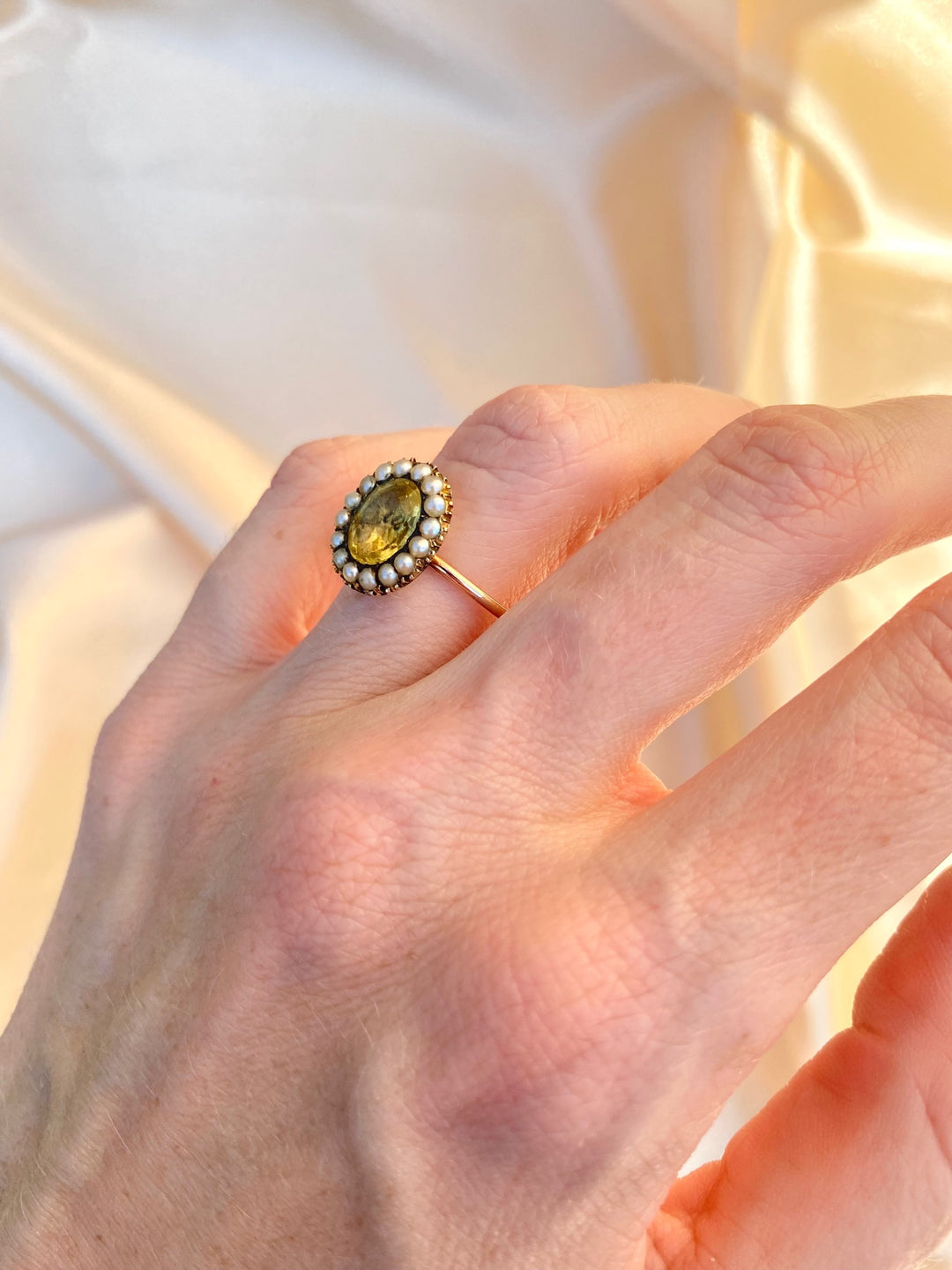 Early Victorian Yellow Paste and Pearl Halo Ring