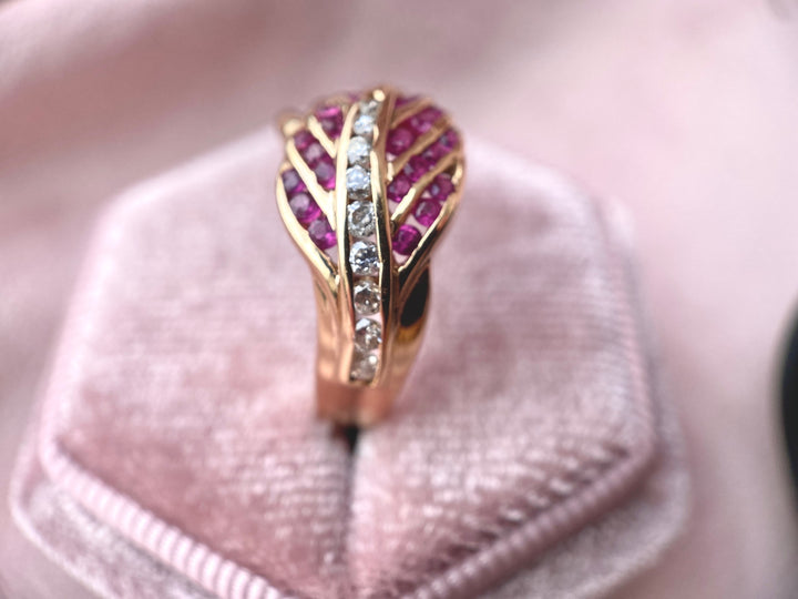 Over 1/2ctw Ruby and Diamond Leaf Ring in 14k Yellow Gold