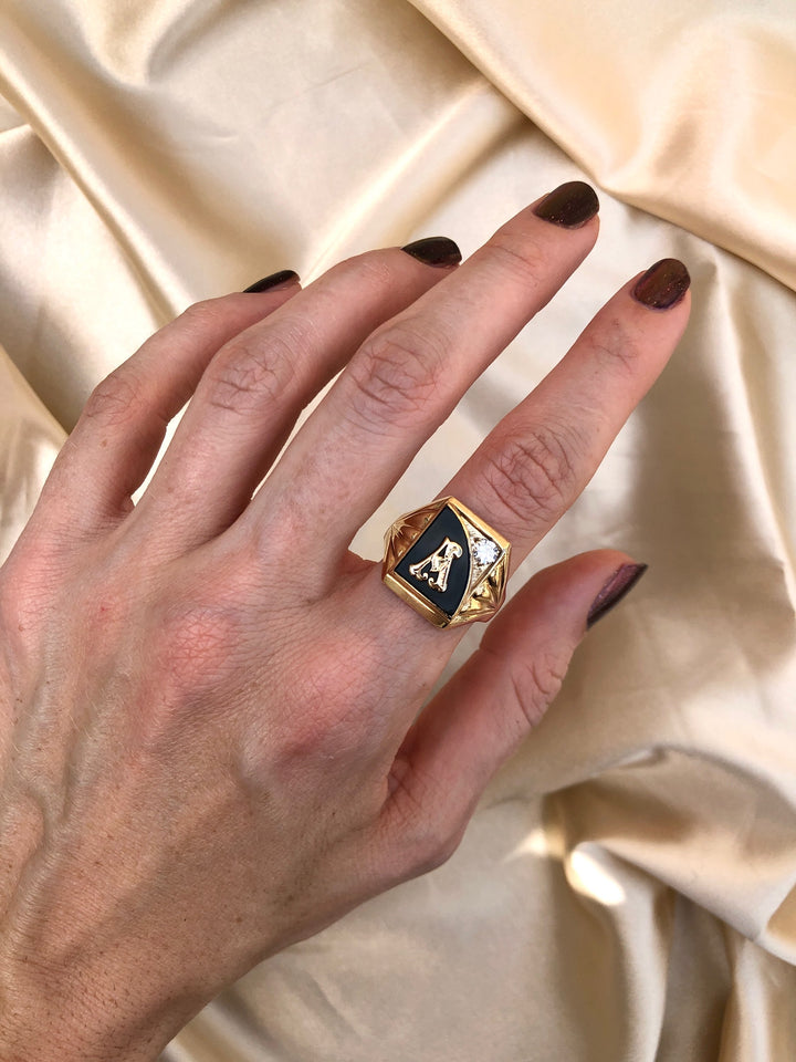 1950's Vintage "A" Signet Ring with Onyx in Solid Heavy Yellow Gold