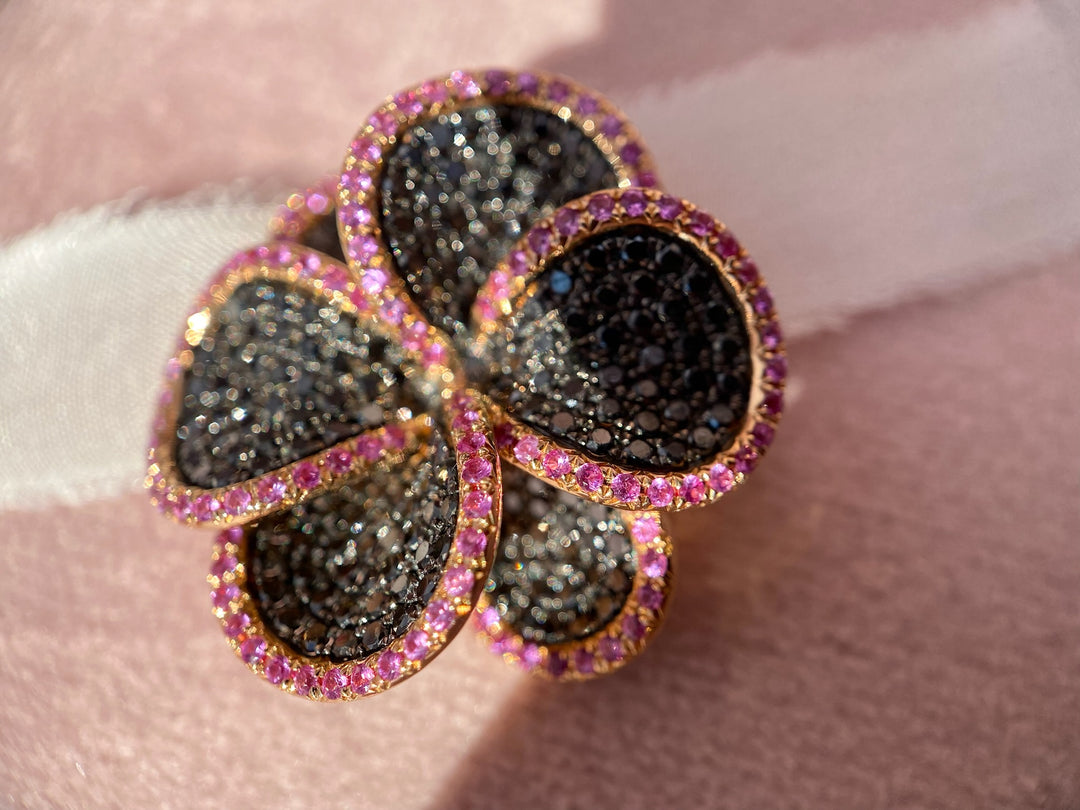 Unique! 2.10 tcw Black Diamond and Pink Sapphire Flower Pendant