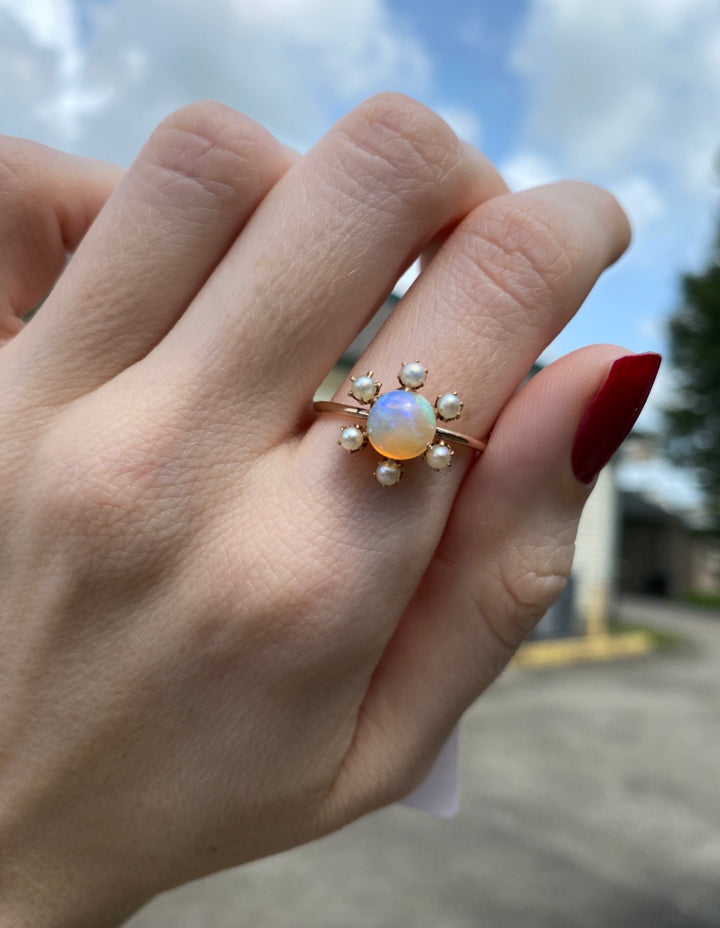 Victorian Opal and Pearl Ring in 14k Yellow Gold