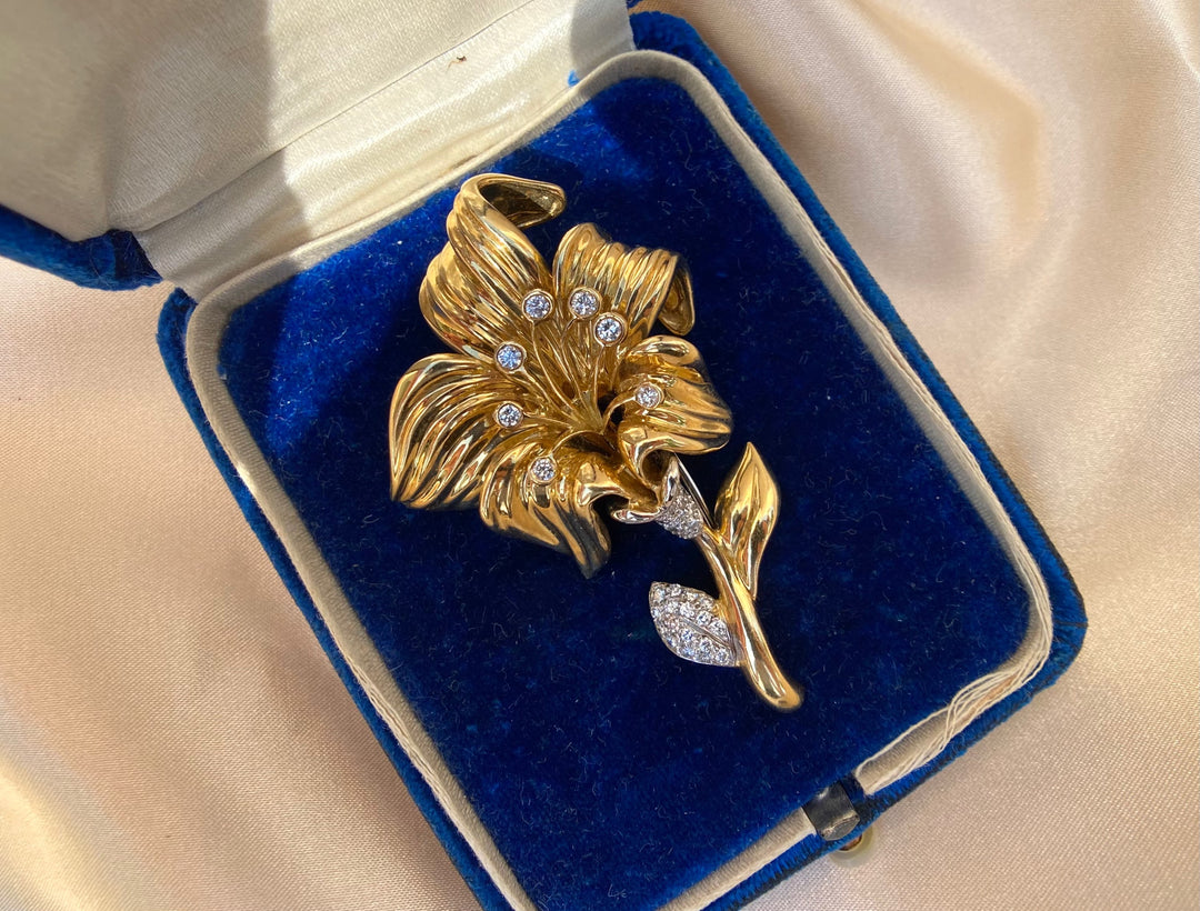 Vintage Garavelli Diamond Lily Brooch Pin in 18k Yellow Gold