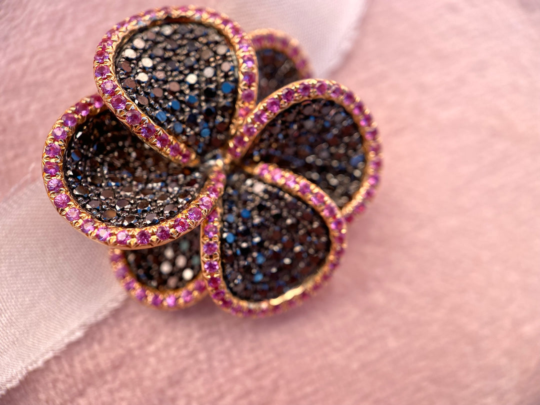 Unique! 2.10 tcw Black Diamond and Pink Sapphire Flower Pendant